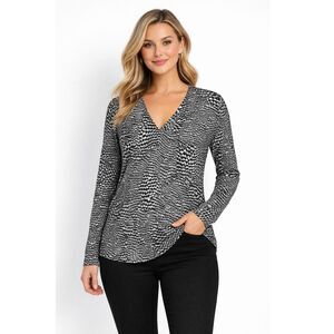 Talbots Top XL Stretch Long Sleeve Reptile Print Black & Ecru